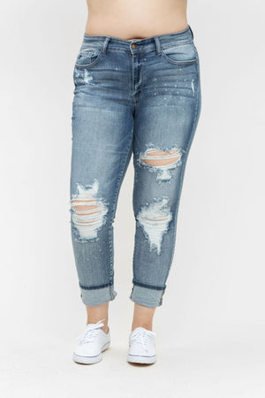 Judy Blue Mid Rise Bleach Splashed Washed Out Destroyed Boyfriend Jean