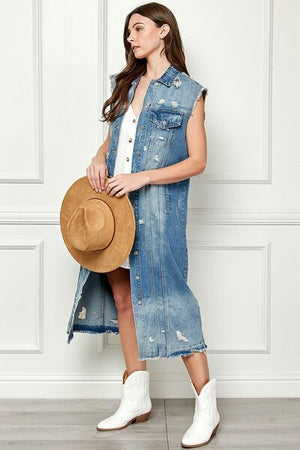 Distressed Sleeveless Longline Denim Vest