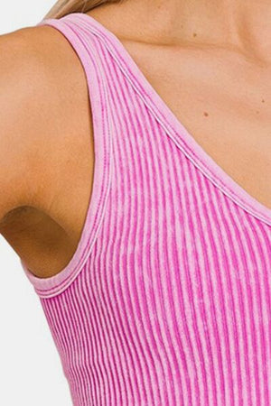 Zenana Washed Ribbed Cropped 2 way neckline Tank in Mauve