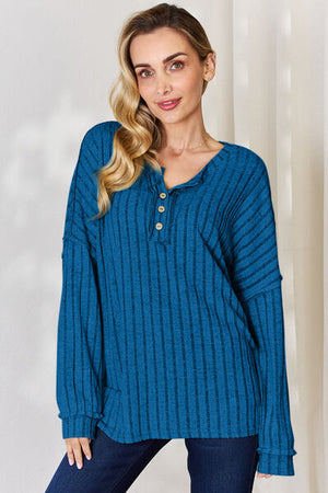 Basic Bae Ribbed Half Button Long Sleeve Top - 5 colors