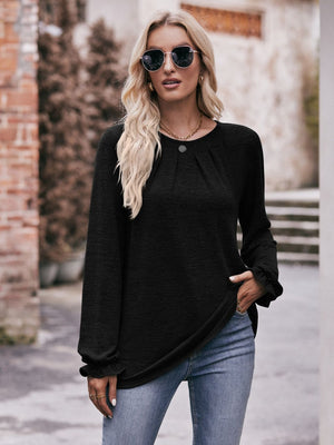 Long Flounce Sleeve Round Neck Blouse - 7 colors