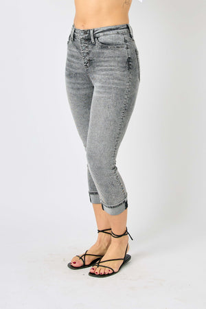 Judy Blue High Waist Button Fly Cuffed Capris in Gray