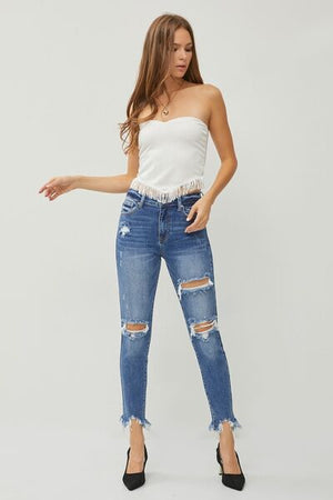 RISEN High Rise Distressed Frayed Hem Skinny Jeans