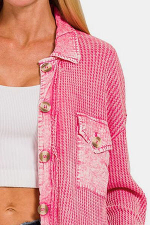 Zenana Waffle-Knit Button Up Dropped Shoulder Jacket Fuchsia