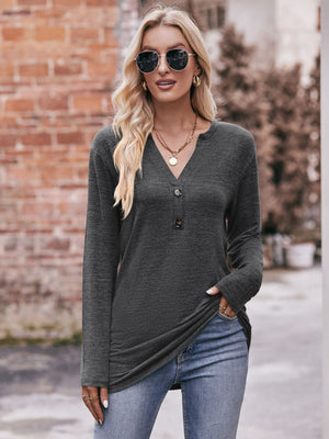 Buttoned Notch Neck Long Sleeve Top - 6 colors