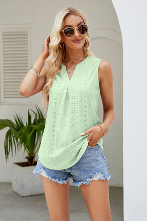 Notched Neck Curved Hem Eyelet Tank - 8 colors