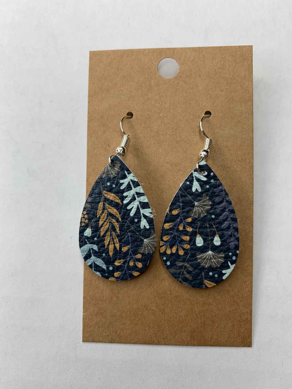 Navy Botanical Tear Drop - Leather Earring