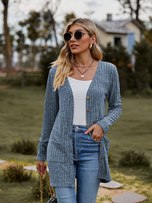 Ribbed Button-UP Cardigan with Pockets - 7 colors