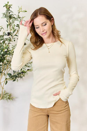 Culture Code Ribbed Round Neck Long Sleeve Top Vanilla