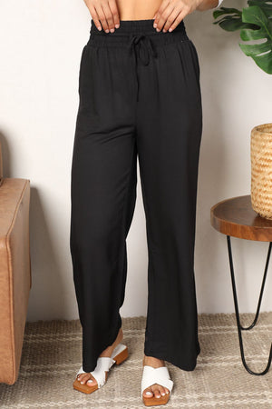 Double Take Drawstring Smocked Waist Wide Leg Pants - 2 colors