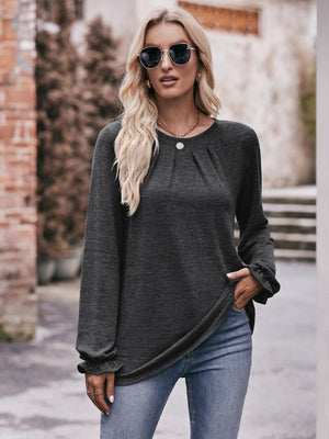 Long Flounce Sleeve Round Neck Blouse - 7 colors