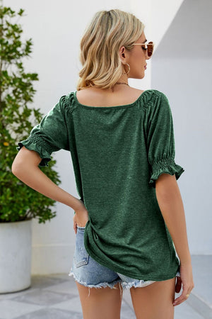 Smocked Short Flounce Sleeve Heathered Top - 10 colors