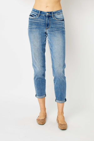 Judy Blue Mid Rise Non Distressed Cuffed Hem Slim Jeans