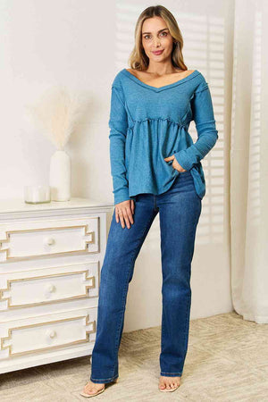 Jade By Jane Frill Trim Babydoll Blouse in Sky Blue