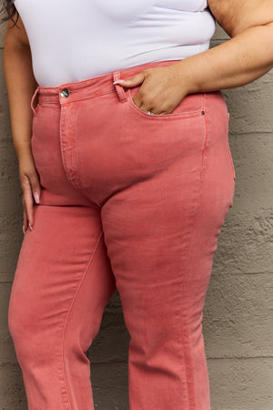 RISEN Hi Waist Side Slit Flare Jeans in Coral