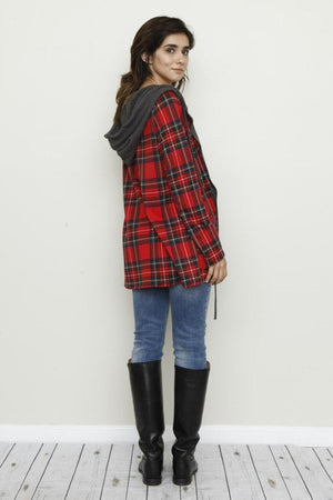 Red Buffalo Plaid Hooded Charcoal Trimmed Cardigan