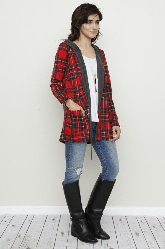 Red Buffalo Plaid Hooded Charcoal Trimmed Cardigan