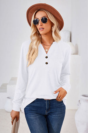 V Neck Buttoned Long Sleeve Blouse - 7 colors