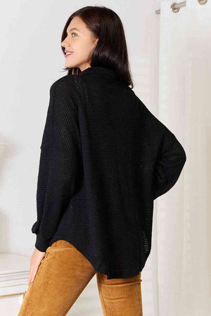 Waffle-Knit Collared Neck Dropped Shoulder Shirt in Black