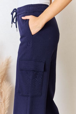 RISEN Drawstring Relaxed Cargo Wide Leg Pants Navy