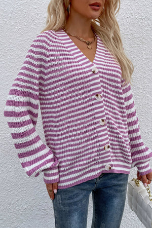 Striped V-Neck Button-Down Cardigan - 6 colors