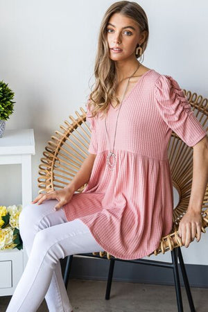 Waffle Knit V-Neck Babydoll Top in Rose