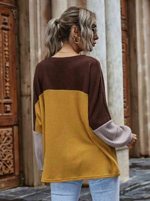 Color Block Waffle-Knit Long Sleeve Top - 3 colors