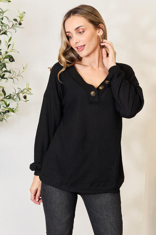 Zenana Buttoned Long Sleeve Blouse Black