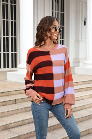 Round Neck Long Sleeve Color Block Dropped Shoulder Pullover Sweater - 3 colors