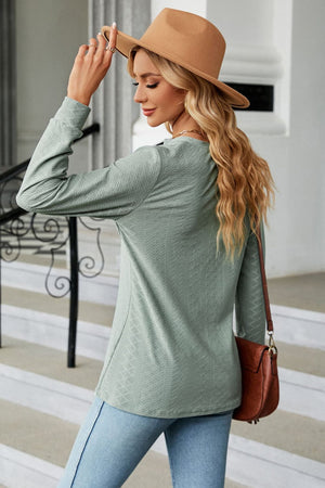 Notched Neck Textured Long Sleeve Buttoned Blouse - 8 colors