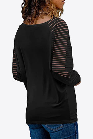 Soft V Neck Long Raglan Striped Sheer Sleeve Top - 9 colors