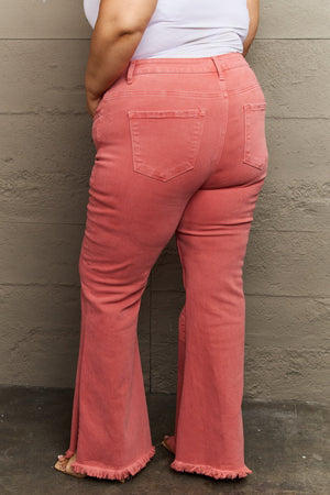 RISEN Hi Waist Side Slit Flare Jeans in Coral