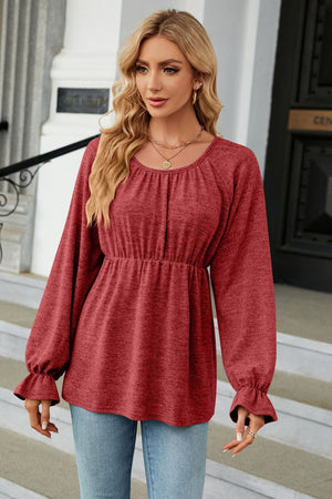 Round Neck Flounce Sleeve Peplum Blouse - 6 colors