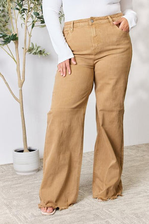 RISEN Hi Rise Fringe Hem Wide Leg Jeans in Mocha