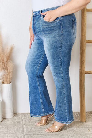 RISEN High Rise Front Seam Uneven Hem Ankle Flare Jeans