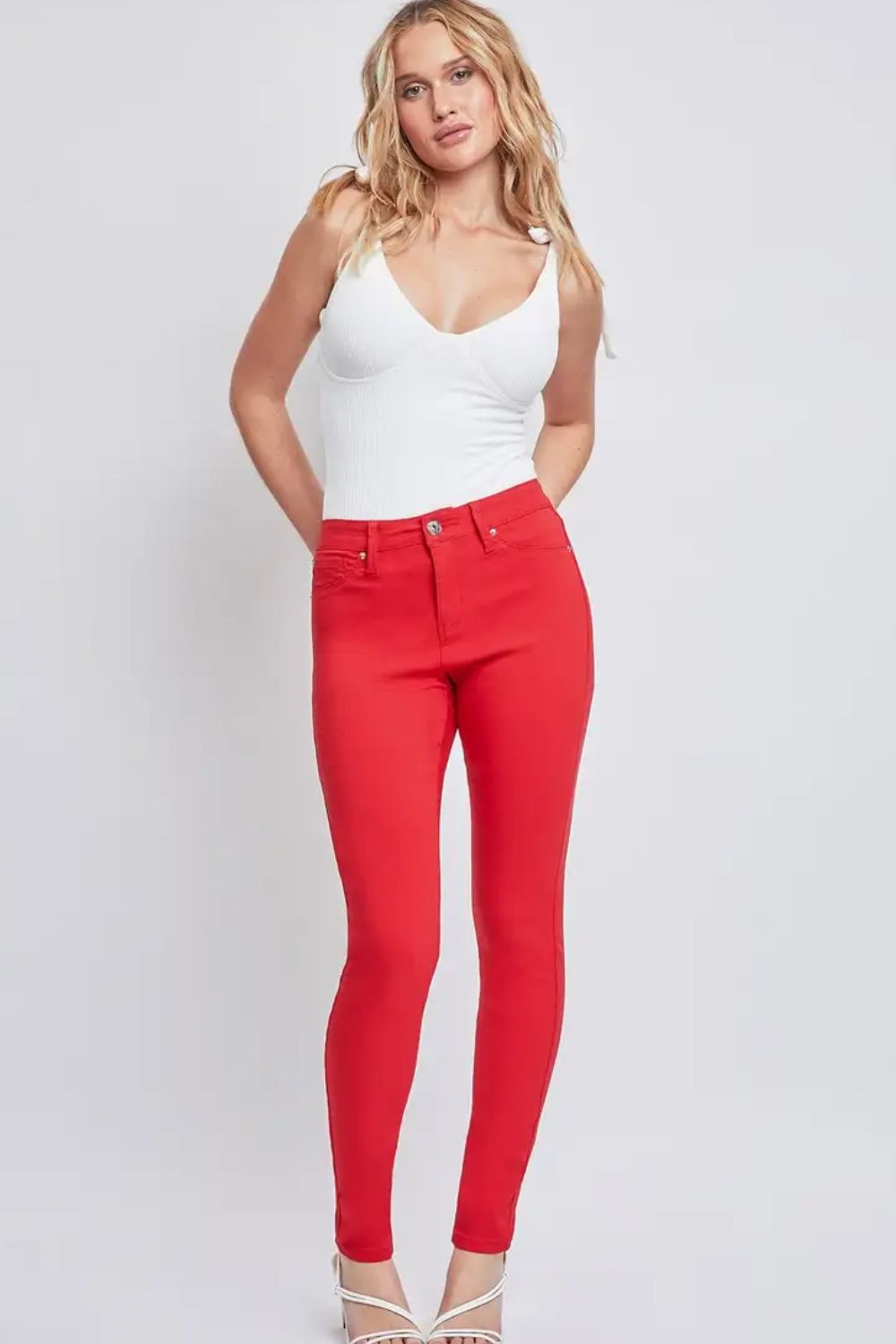 YMI Jeanswear Hyperstretch Mid Rise Skinny Jean in Ruby Red