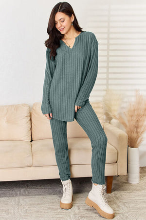 Notched Long Sleeve Top and Pants Set - 3 colors