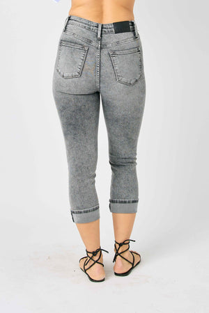 Judy Blue High Waist Button Fly Cuffed Capris in Gray