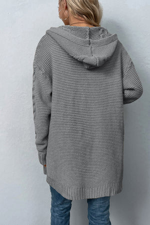 Cable Knit Dropped Shoulder Hooded Thigh length Cardigan - 4 colors