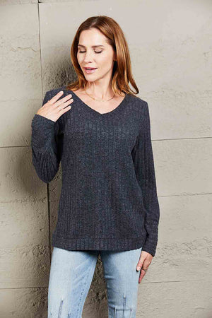 V Neck Long Sleeve Ribbed Top - 5 colors
