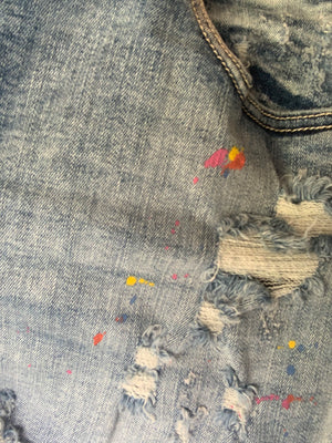 Judy Blue Mid Rise Rainbow Paint Splash Cutoff Destroyed Shorts
