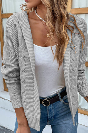 Cable Knit Dropped Shoulder Hooded Hip length Cardigan - 6 colors