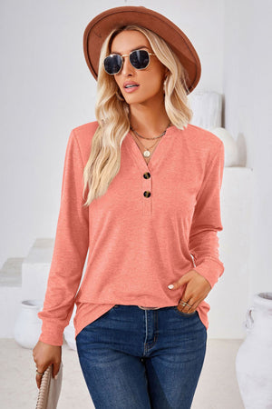 V Neck Buttoned Long Sleeve Blouse - 7 colors