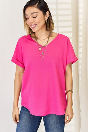 Zenana V-Neck Rolled Short Sleeve Top Hot Pink