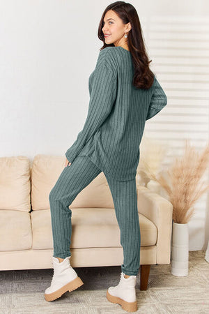 Notched Long Sleeve Top and Pants Set - 3 colors