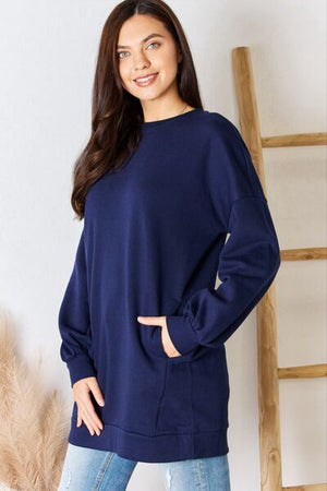 Zenana Oversized Round Neck Long Sleeve Sweatshirt Navy