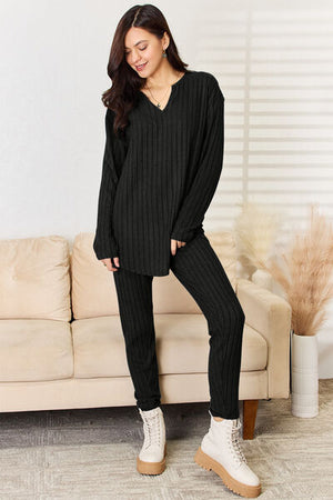 Notched Long Sleeve Top and Pants Set - 3 colors