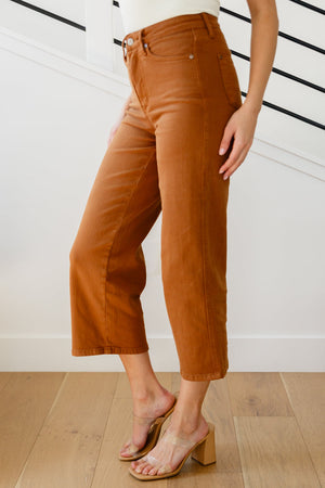 Judy Blue Hi Rise Tummy Control Wide Leg Crop Jeans in Caramel