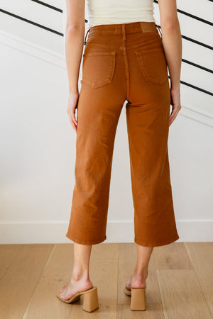 Judy Blue Hi Rise Tummy Control Wide Leg Crop Jeans in Caramel