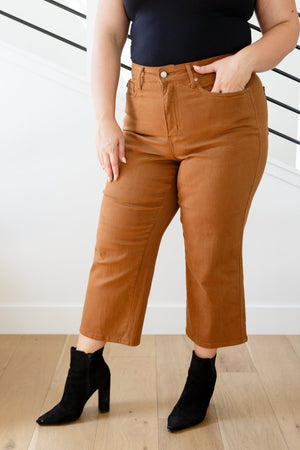 Judy Blue Hi Rise Tummy Control Wide Leg Crop Jeans in Caramel